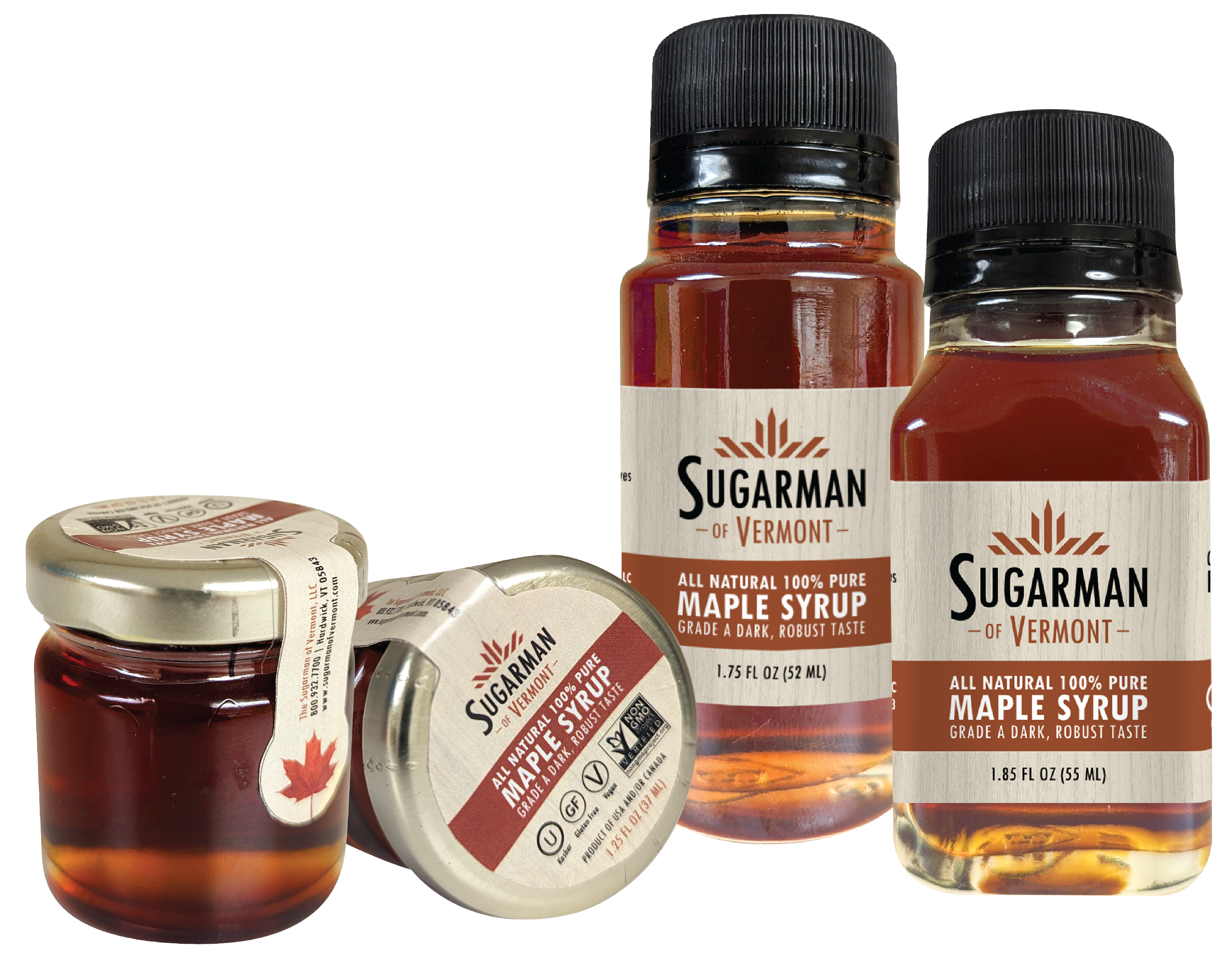 Bottles and jar of Sugarman of Vermont's 100% pure maple syrup.