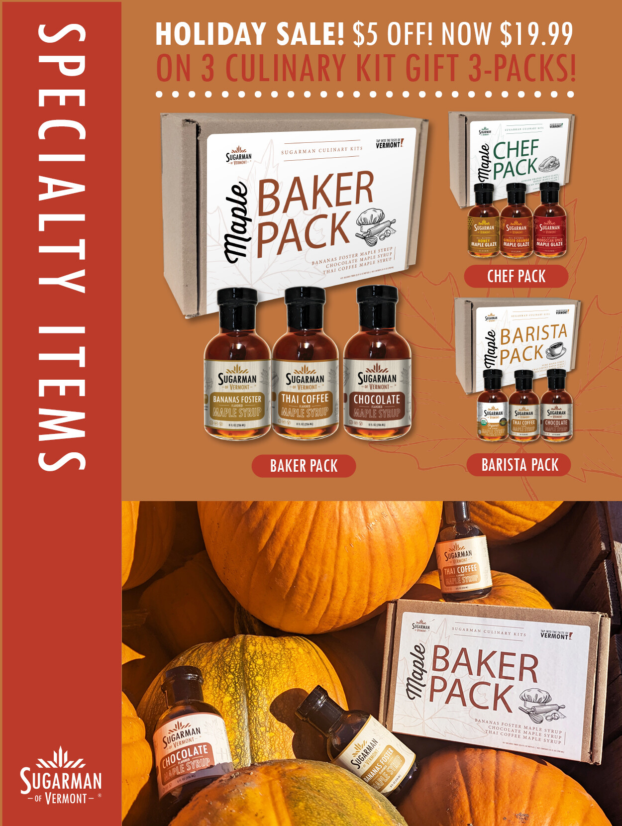 Holiday sale on Sugarman of Vermont culinary kit gift packs: Baker, Chef, and Barista.