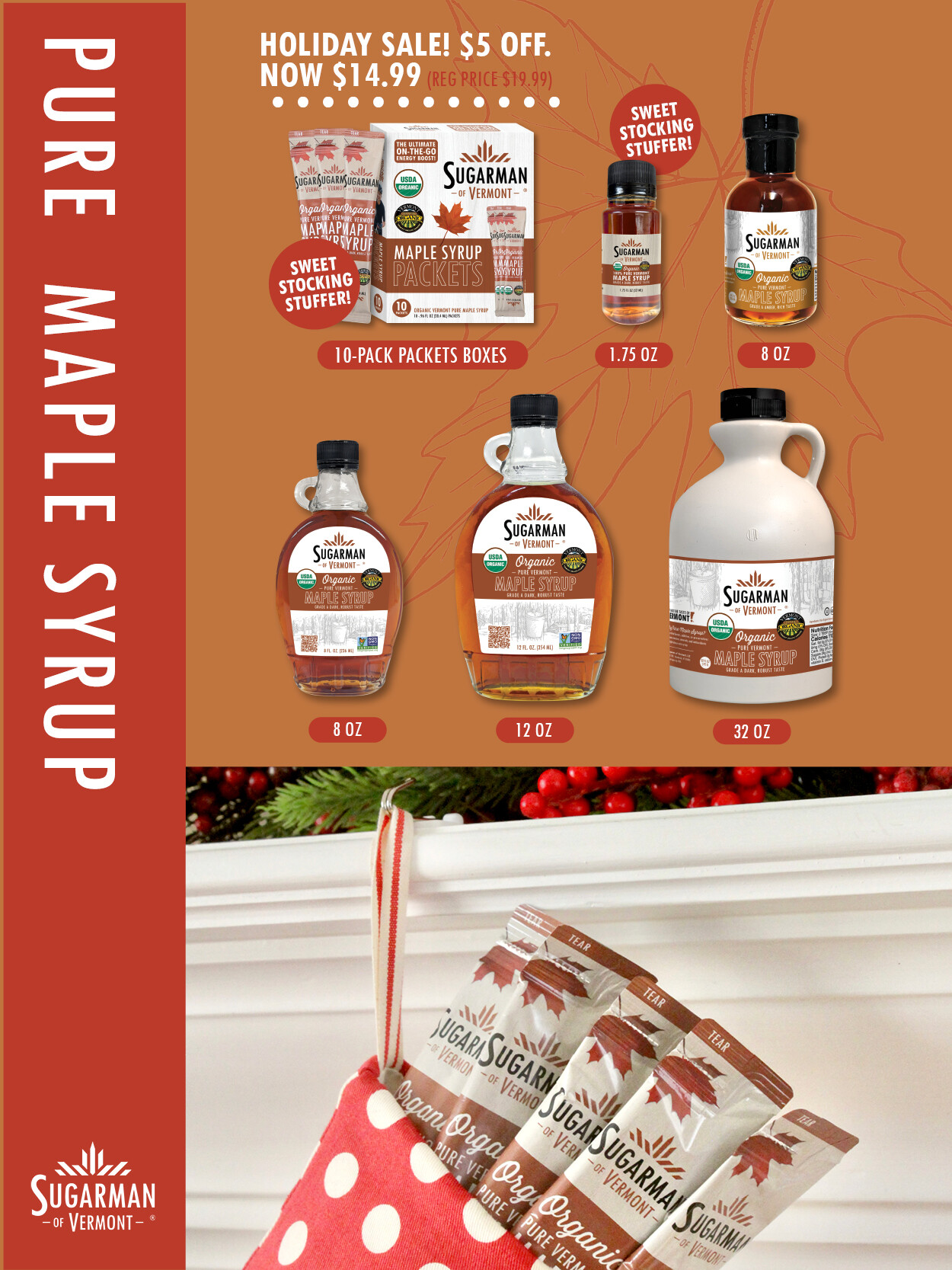 Holiday sale banner featuring various sizes of Sugarman pure maple syrup products.