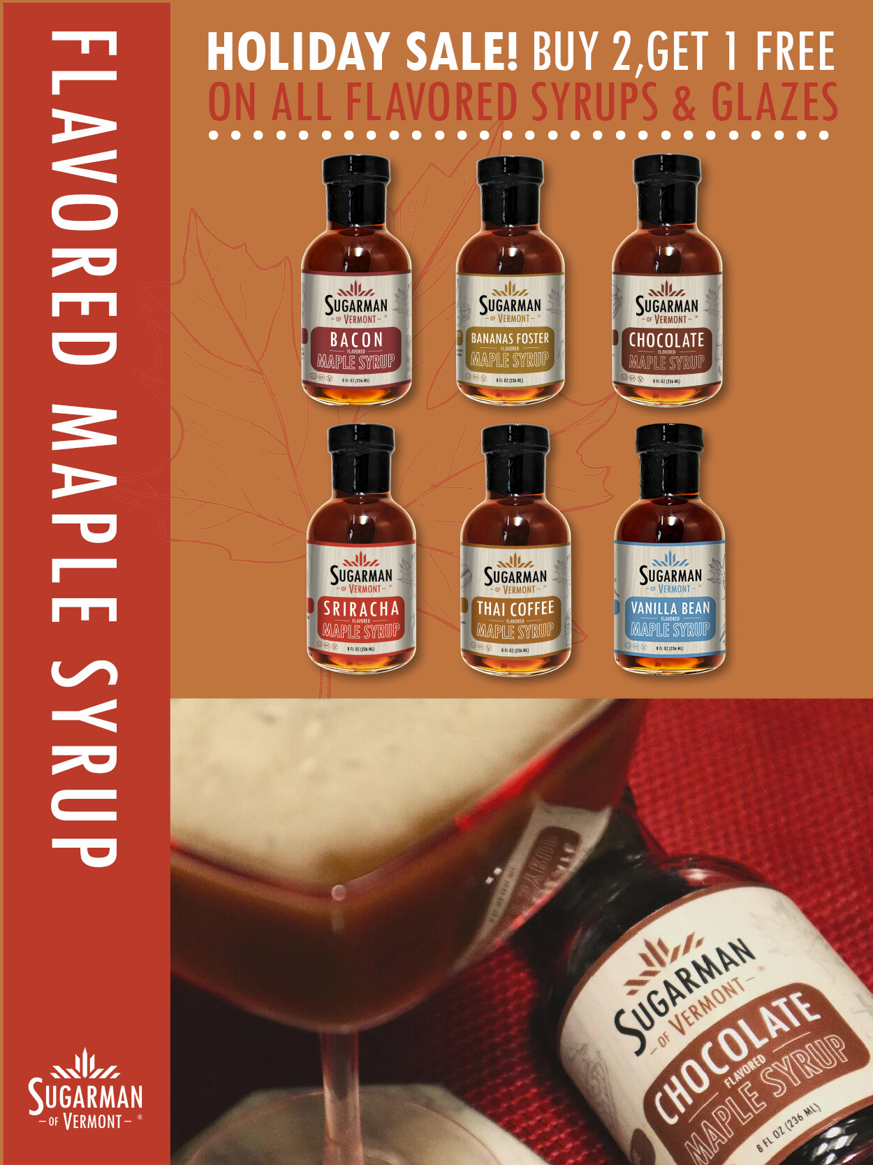 Holiday sale ad for Sugarman's flavored maple syrups with six flavors displayed.