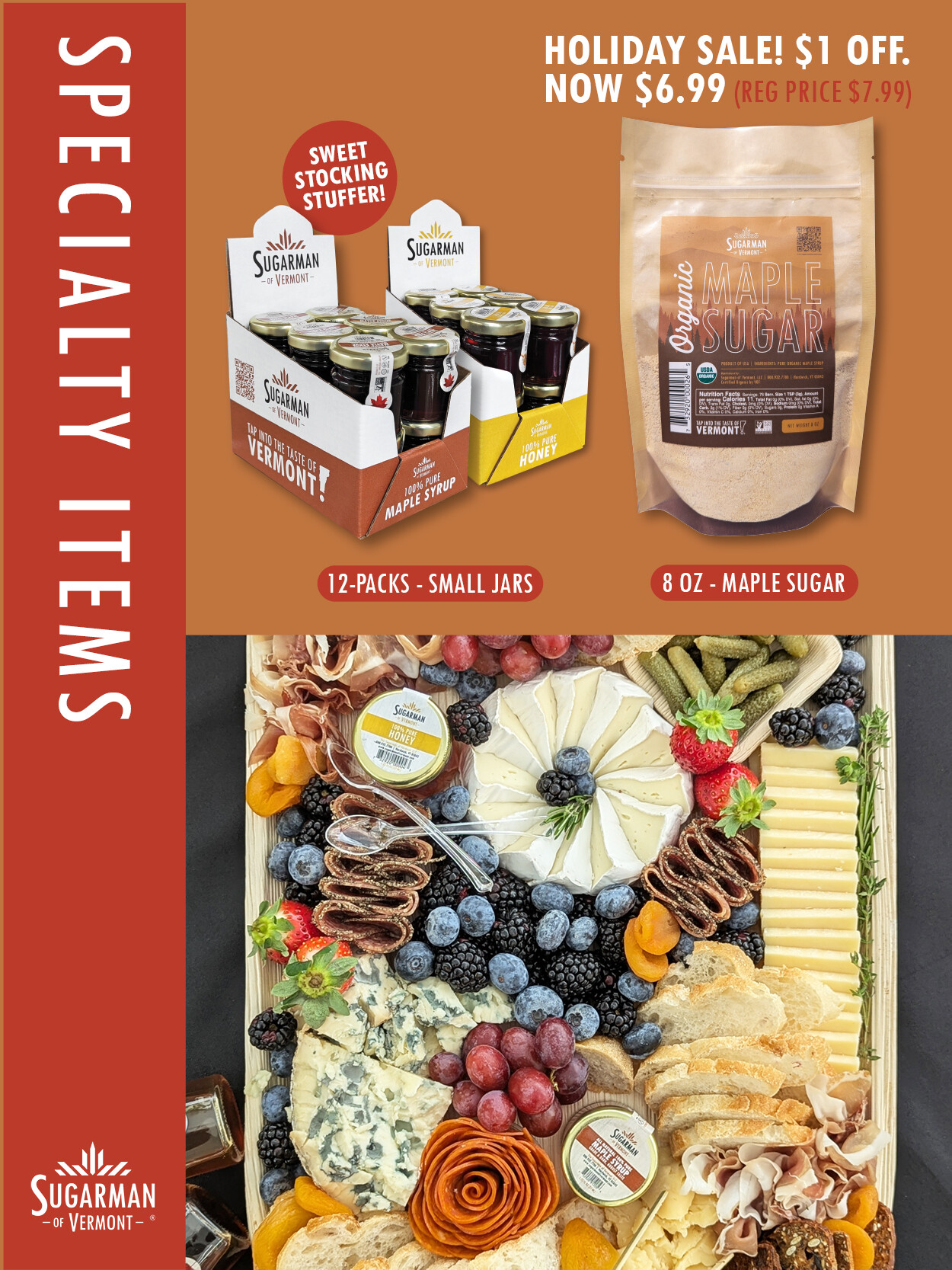 Holiday sale on Sugarman specialty items, featuring maple syrup, sugar, and a charcuterie board.