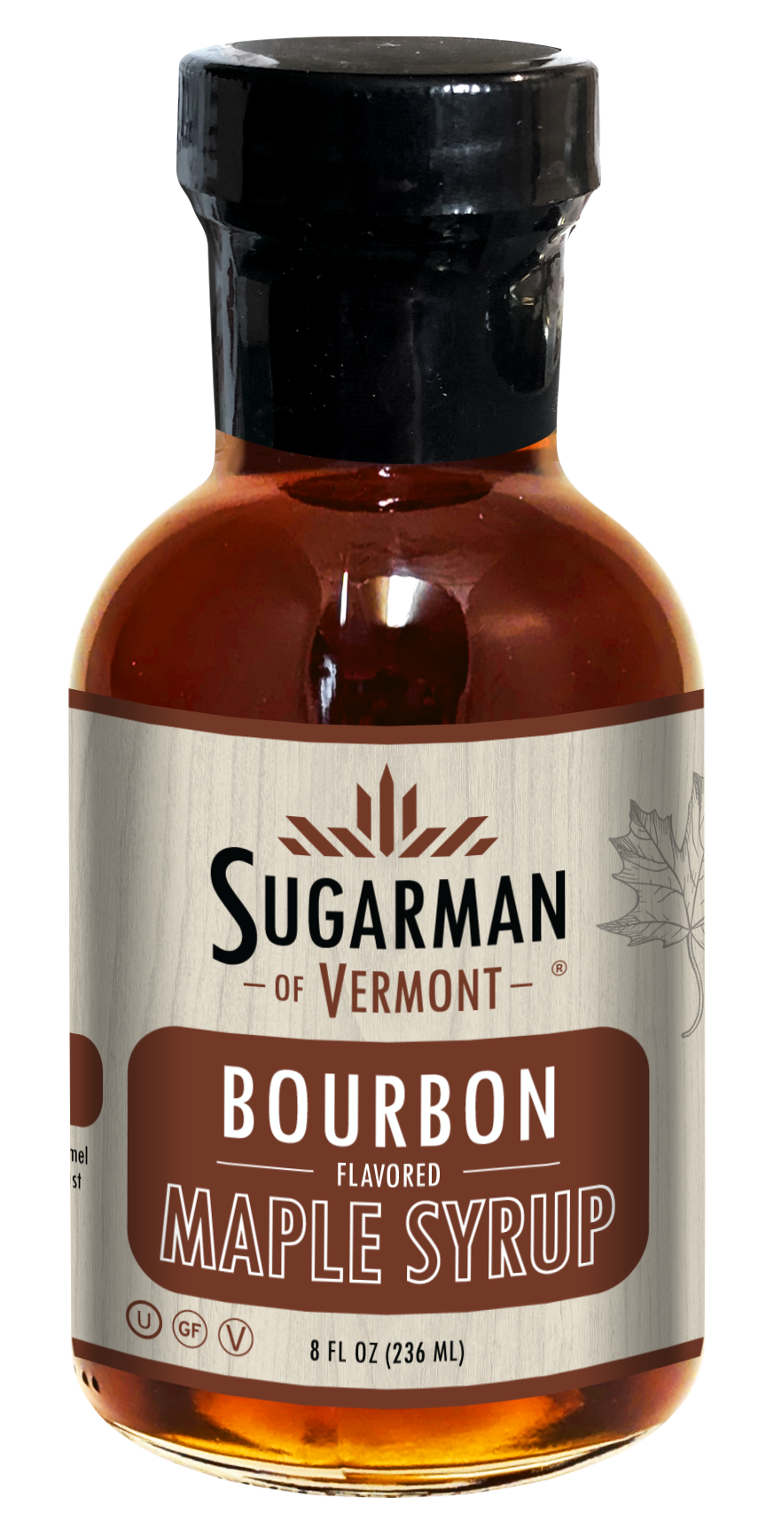 Bourbon-flavored maple syrup in an 8 oz glass bottle with a black cap.