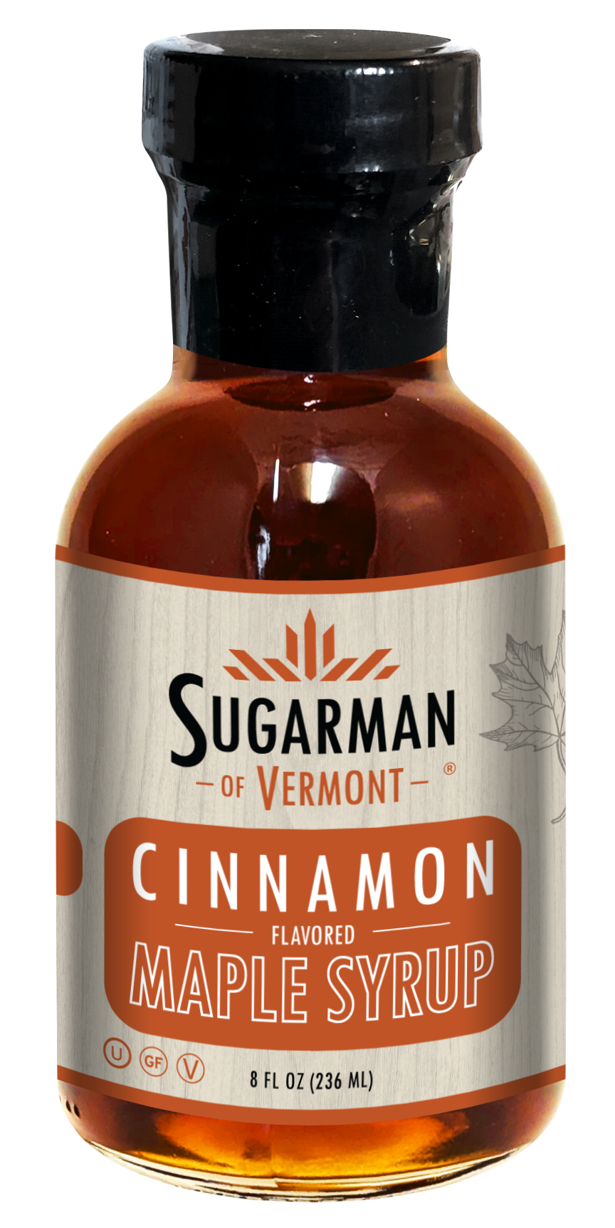 Bottle of Sugarman's cinnamon-flavored maple syrup, 8 fl oz, with a wood-textured label.