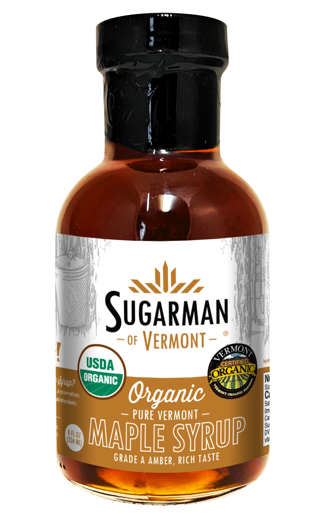 Bottle of Sugarman of Vermont organic maple syrup, 8 fl oz, amber grade, USDA certified.