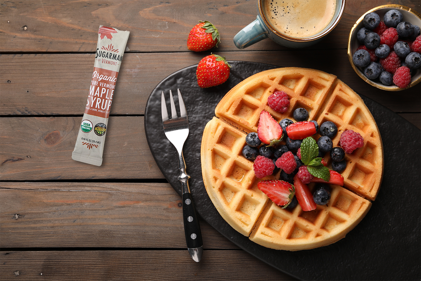Tasty,Belgian,Waffle,With,Fresh,Berries,Served,On,Wooden,Table,